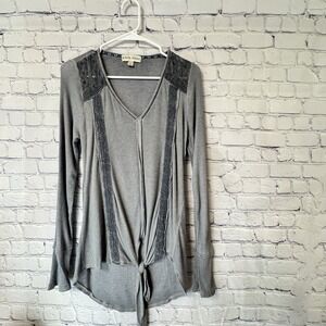 Knox Rose Shirt Small Grey Lace Tie Waist Long‎ Sleeve Boho Casual Comfy Soft